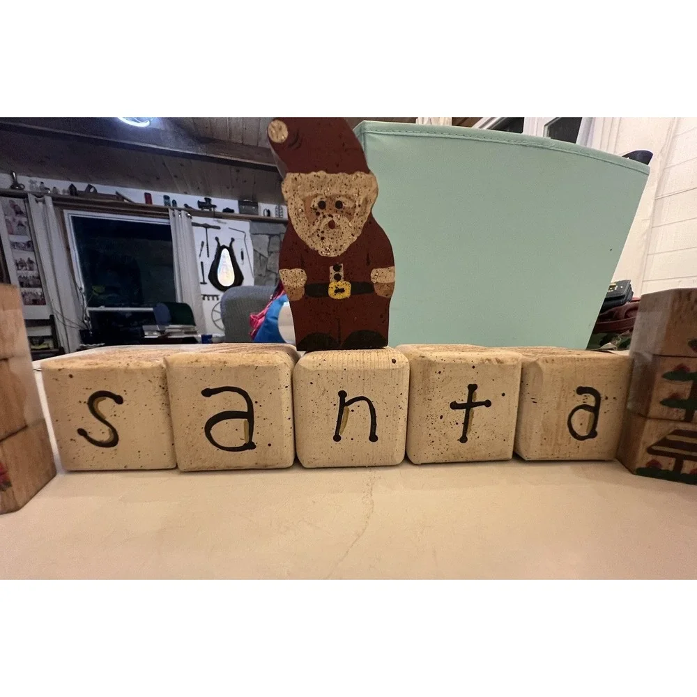 Vintage Homemade Painted Santa Blocks, Tree, Santa,  Snowman